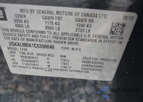 2012 GMC Terrain Sle-1 z USA, uszkodzony, nr VIN 2GKALMEK1C6398848